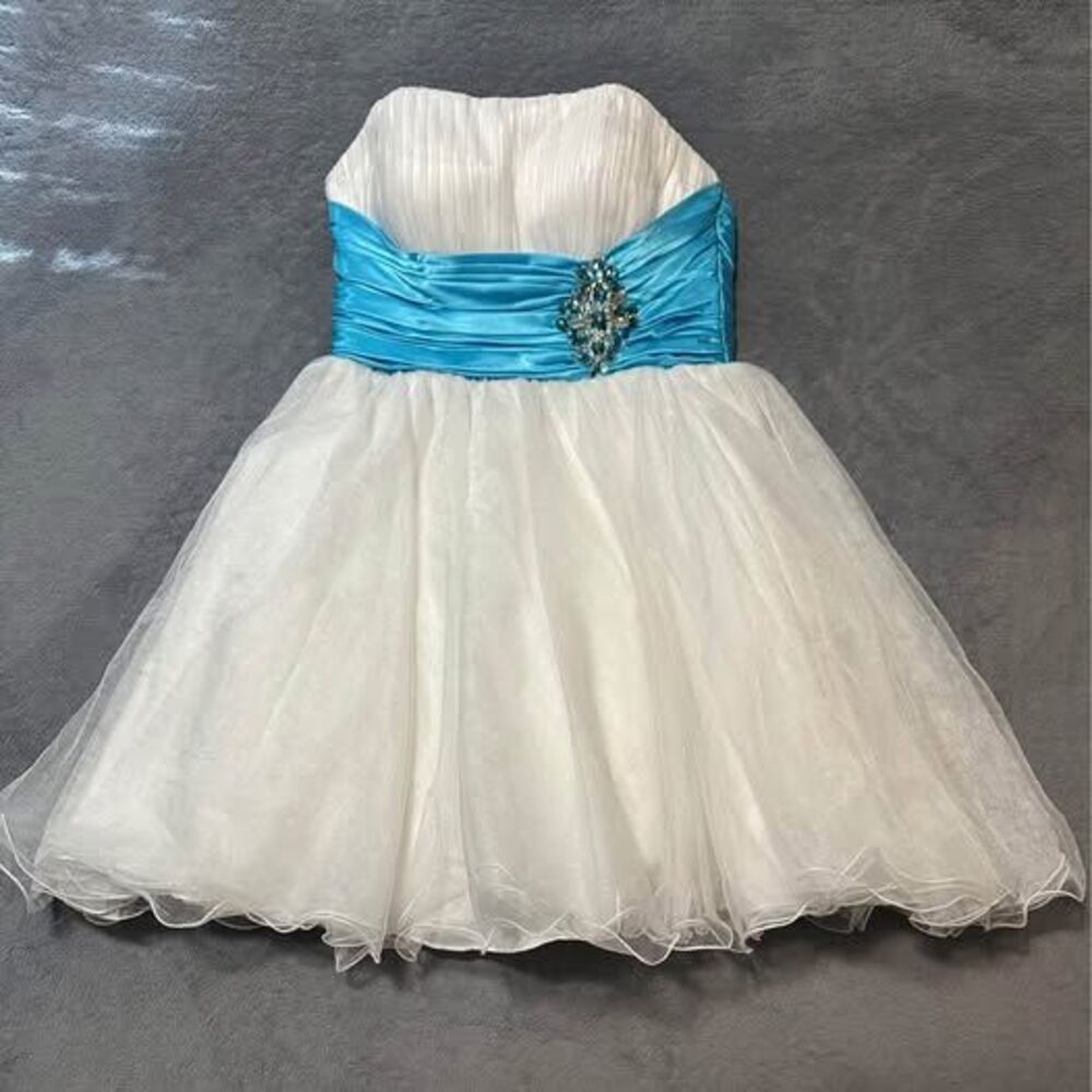 Kiss Kiss Women’s Formal White/ Blue A-line Strapless Dress